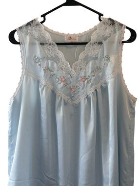Barbizon Vintage Light Baby Blue Lace-Trim Satin Nightgown